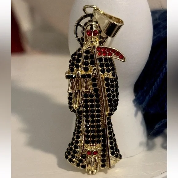 Gold Plated Grim Reaper Santa Muerte Large Pendant Black Red Crystal Gothic - Picture 2 of 10